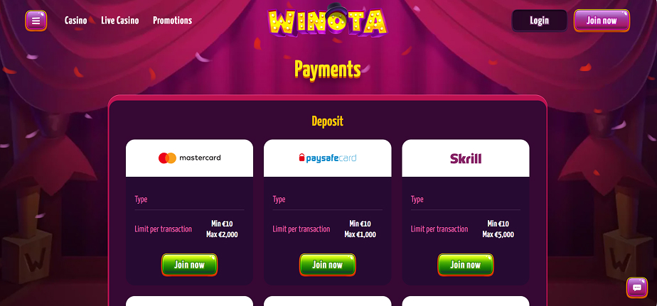Winota Casino Payments