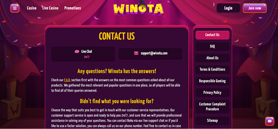 Winota Casino Customer Support