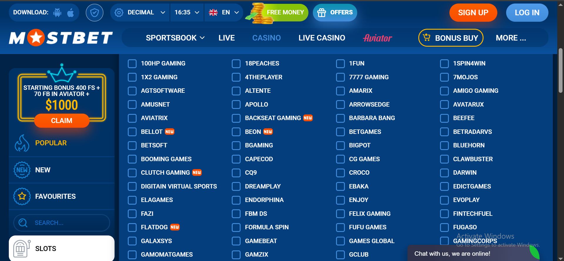 mostbet casino providers