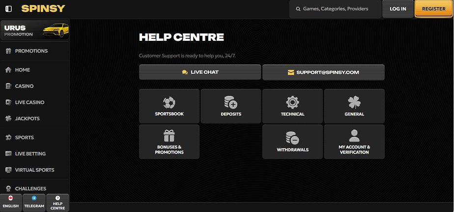 Spinsy Casino support centre