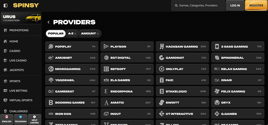 Spinsy Casino Providers