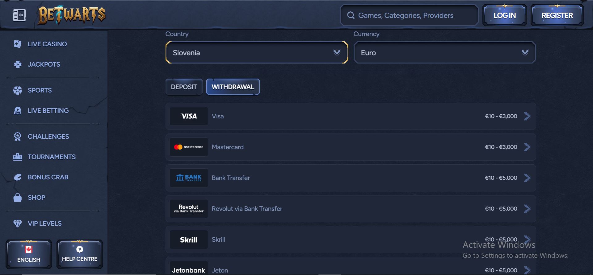 betwarts casino withdrawals