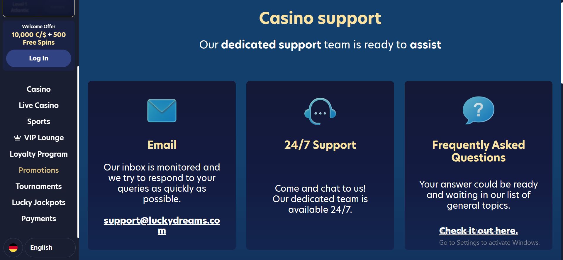 luckydreams casino help centre