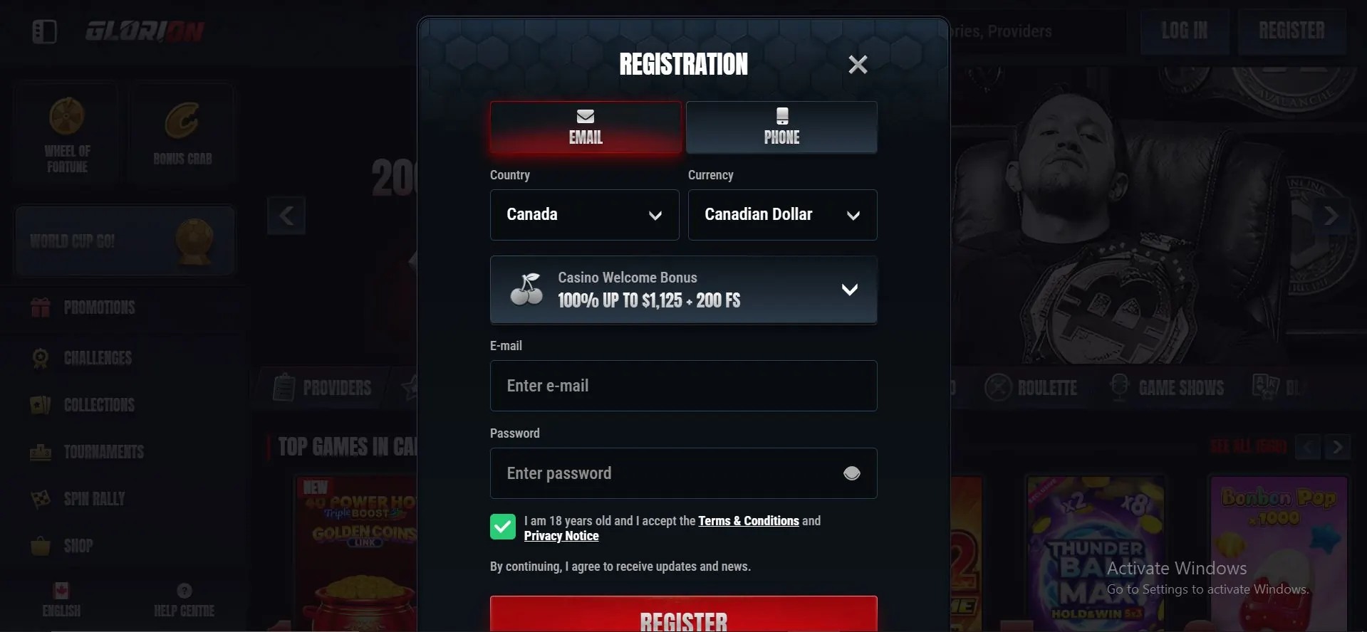 glorion casino registration
